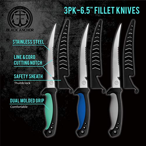 Black Anchor Fillet Knife 3-Pack | 6.5" Razor Sharp 3Cr13 Stainless Steel Blade With Sheath (3Pk Gray/Blue/Seafoam, 6.5) #TOP1