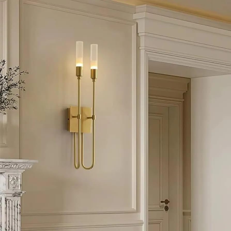 Long Metal Wall Light, Double-Arrow Double Wall Sconce, Gold U-Shaped Fixture with Glass Shade, Contemporary Indoor Lighting for Bedroom, Living Room, Home Decoraiton with Bulbs, Golden