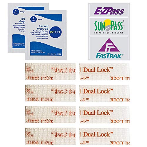 WEUPE EZ Pass/I-Pass/SunPass Adhesive Strips, Toll Tag Tape Mounting Kit, Peel and Stick Adhesive Strips, Reclosable Fastener, Clear Dual Lock Tape Strips, 8 Strips (4 Sets) with 2 Cleaning Prep Pads