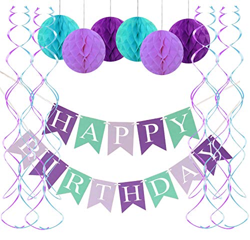 FECEDY Mermaid Happy Birthday Banner Hang Honeycomb Ball Swirls Streamers for Birthday Party Decorations