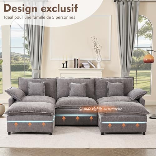 Litbird U-förmiges modulares Sofa 3-Sitzer Ecksofa mit Hocker, tiefes Sitzdesign, Cloud Couch für Wohnzimmer(Grau) – Bild 4