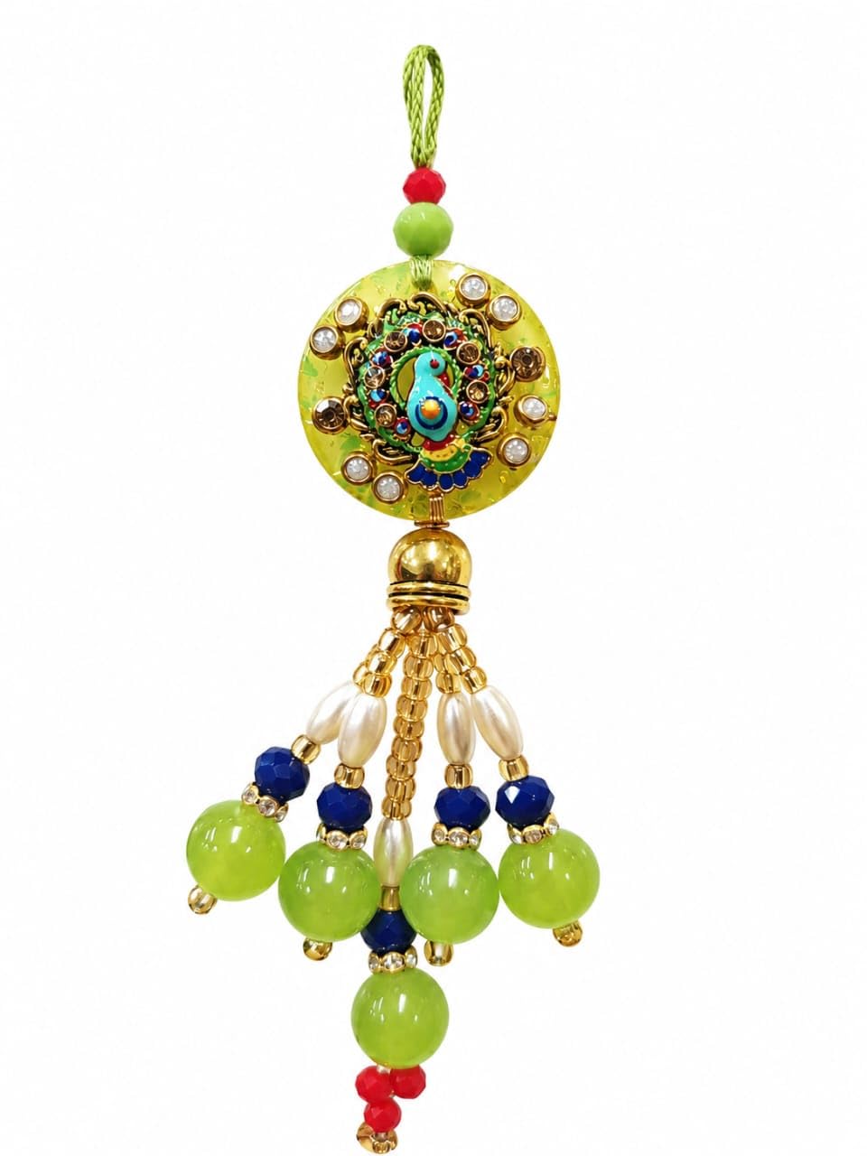 Meenakari Peacock Latkan Charm with Beaded Tassel, Green | Multicolour Beads, Rhinestone Embellished, Hanging Ornament, Festive Decor, Gold-Tone Accents-image-5