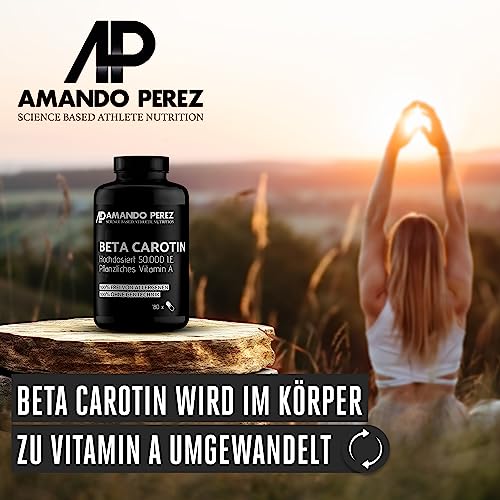 Amando Perez Beta Carotin 50.000 I.E. Depot Bräunungskapseln – 180 Softgels hochdosiert & vegan – Vorstufe von Vitamin A – ohne Gentechnik – Laborgeprüft in Deutschland