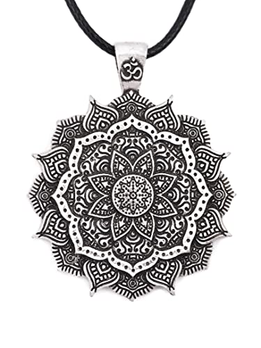 HAQUIL Mandala Flower of Life Necklace, Buddhist Lotus Flower Om Mandala Pendant, Faux Leather Cord