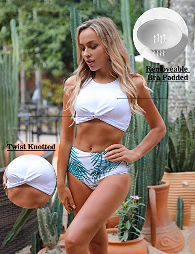 Blooming Jelly Women's Racerback High Rise Bikini Twist Two Piece Swimsuit Tropical Print Bathing Suit(XL, White) - Image 4