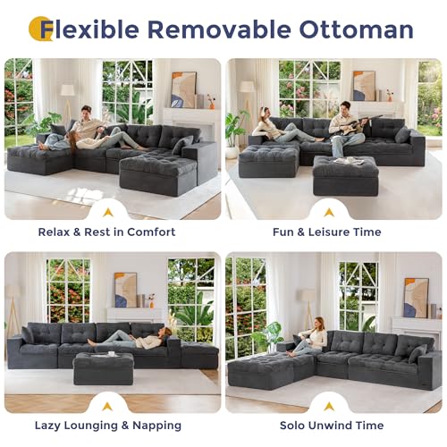 Image of MAXYOYO 132 inch U Shaped Modular Sectional Sofa with 2 Ottomans, Cloud Boneless Couch with Layered Cushion, Flexible Module Combination Sofa for Living Room, No Assembly Required, Dark Grey