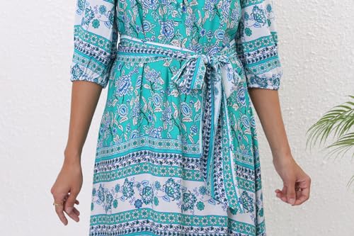 Image of Women Boho High-Waist Floral Print Maxi Dress 3 /4 Sleeve Casual | Soft Rayon, Breathable, Quick-Dry. High-Waist with Adjustable Belt, Flattering Hem. Ideal for Beach, Work & Dating.