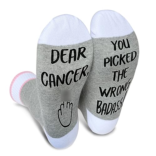 Image of Ziyouza You Picked The Wrong Badass, Cancer Socks, Women Men Gift for Cancer Surgery Recovery, Breast Cancer Survivor Gift, Chemo Gift, Novelty Gift for Thanksgiving Christmas Birthday, 1 Pair-06