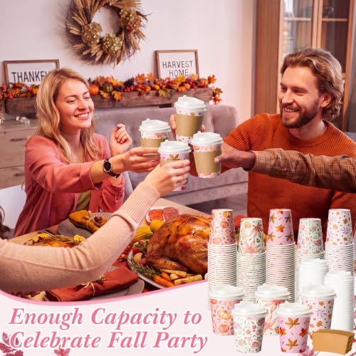 Cunhill 100 Set 9oz Fall Thanksgiving Coffee Cup Bulk with Lid and Sleeves Disposable Autumn Paper Hot Cups Maple Leaves Pumpkin Harvest Drinking Supplies for Holiday Fall Party (Pink Style) - Image 4