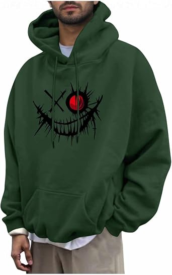 Mens Pullover Hoodie Smiley Face Printed Hooded Sweatshirts Long Sleeve Fleece Fall Coats Tops with Pocket