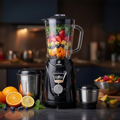 Image of Kinsco 550W Blender Mixer with 3 Jars | Heavy Duty Motor for Daily Grinding and Juicer | Strong Steel Blades | Home and Kitchen | Black