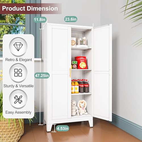 Image of winiowa Metal Pantry Cabinet with 2 Doors and Adjustable Shelves, Kitchen Storage cabinets with Gold Handles, Versatile Storage for Laundry /Living Room,Bathroom,Dinning Room-White