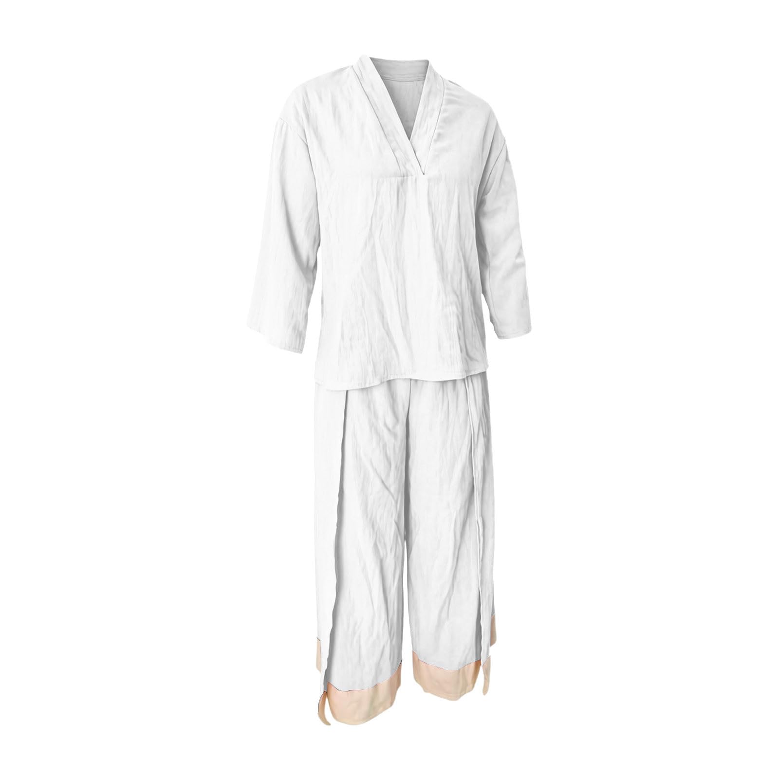Generisch Damen Sommeroutfit mit französischem Kragen Bluse weiter Hose – leichtes atmungsaktives Set für Reise Büro Freizeit Alltag Date Shopping (White, XXXL)