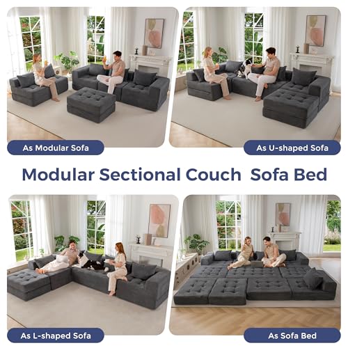 Image of MAXYOYO Modular Sectional Sofa Couch, Foldable U Shaped Cloud Couch with Pillows, Tufted 6-Seat Boneless Lounger Floor Sofa Bed for Living Room, No Assembly Required, Dark Grey