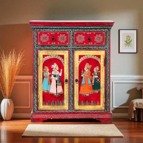 Image of APRODZ Wooden Traditional Handpainted Cabinet with Door & Drawer Storage (Multicolor)