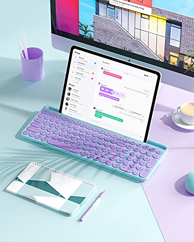 Cute Wireless Bluetooth Keyboard, Seenda Dual Mode (Bluetooth + 2.4G) Round Key Typewriter Keyboard With Number Pad Integrated Stand For Mac Os/Windows Computer, Ios/Android Tablet Phone, Green Purple #TOP6