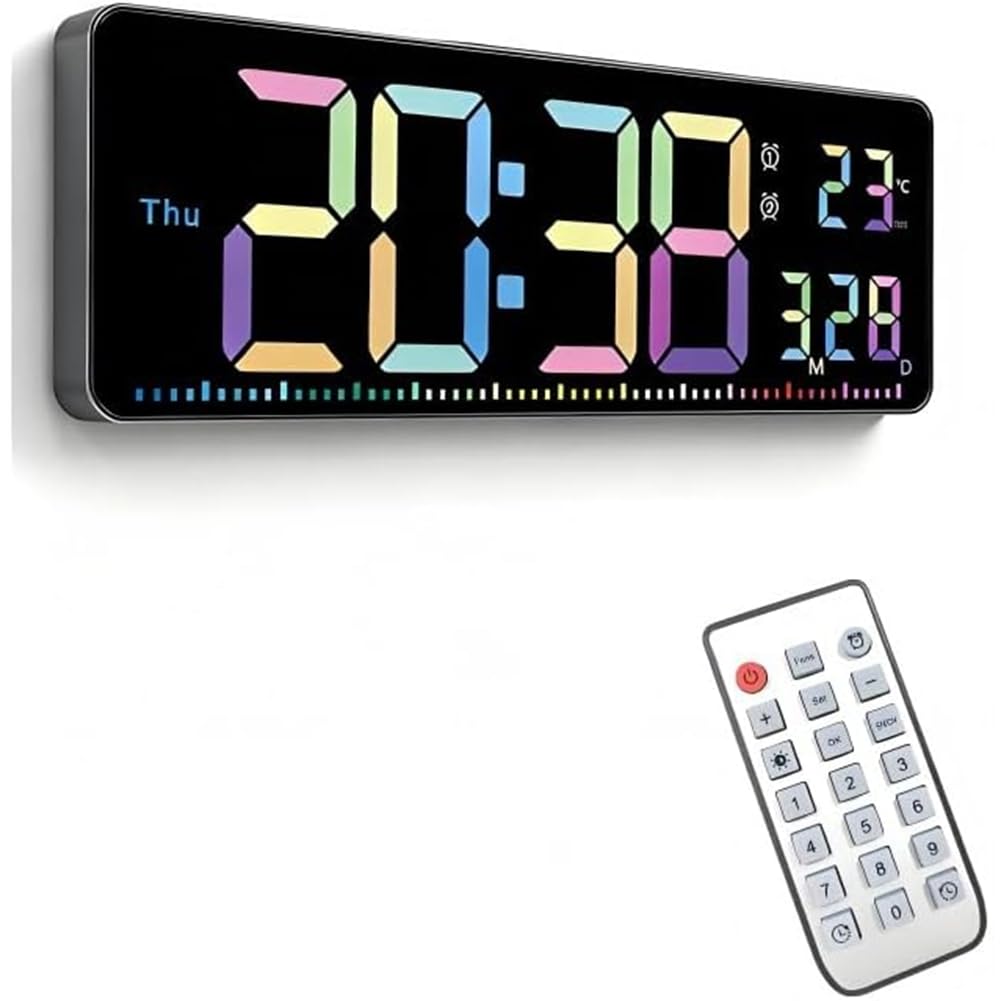 Hndhbfgrt Digital Wall Clock,16" Colorful Display Featuring Date, Week, Temperature, Dual Alarm, Auto-Dimming DST,Countdown Functionality
