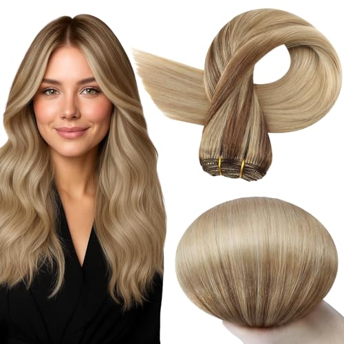 Image of Full Shine 24 Inch Invisible Weft Hair Extensions 105G Remy Human Hair | 10 /16 /16 Golden Brown Highlight Buttery Blonde, Invisible Weft, Party And Wedding, Long Styling, Women Looks