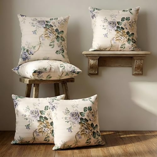 Image of Clasiko Cotton Cushion Covers 22x22 - Set of 5 Decorative Cushion Covers, Lilac Fleur, Soft Cotton, Hidden Zip, Sofa & Bedroom Decor