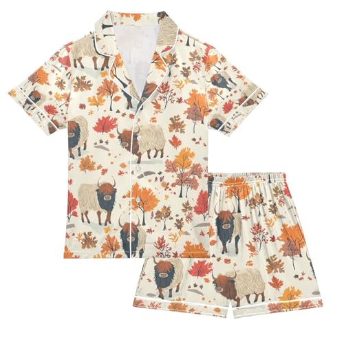 senya Highland Cattle Tree P Satin Summer Pajama Sets Silk Short Sleeve Button Down Sleepwear