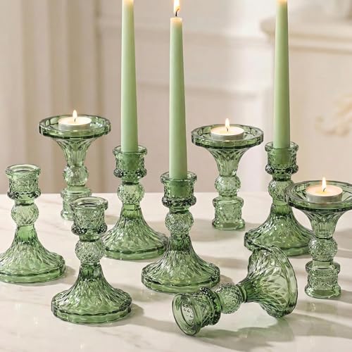 Simeitol Glass Candle Holder Set of 12, Green Taper Candle Holders Bulk, Vintage Candlestick Holders, Candle Stick Holder for Table Centerpieces, Wedding, Festival & Home Decor