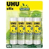 UHU stic ReNature 4x40g colla naturale con tubetto in bioplastica colla per bambini, sicura da usare per i lavoretti, adatta per la scuola, l'ufficio, l'università