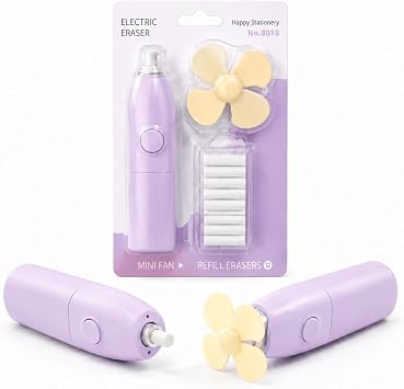 Battery-Powered Auto Electric Eraser with Fan, 12 Replaceable Refills, Lightweight Rotating Eraser Tool for Sketching, Drawing, Homework, and Art Projects Light Purple