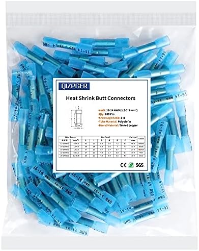 100 Pcs Blue Heat Shrink Butt Connectors, 16-14 AWG Waterproof Electrical Crimp Wire Splice for Marine, Cable, Wiring