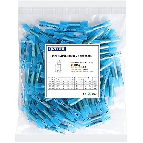 Heat Shrink Butt Connectors, 16-14 AWG 100Pcs Blue Waterproof Electrical Crimp Wire Splice for Marine, Cable, Wiring Cover