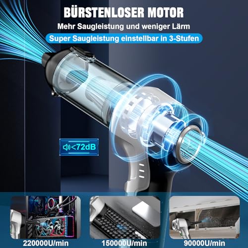 Micisty Handstaubsauger Akku 4-in-1,Auto Staubsauger Stark,25000PA 3-Gang 220000 U/min Handstaubsauger Kabellos,Elektrische Staubgebläse Druckluft für Auto Küche,PC,Sofa,Büro,Haus& Tierhaar Reinigung