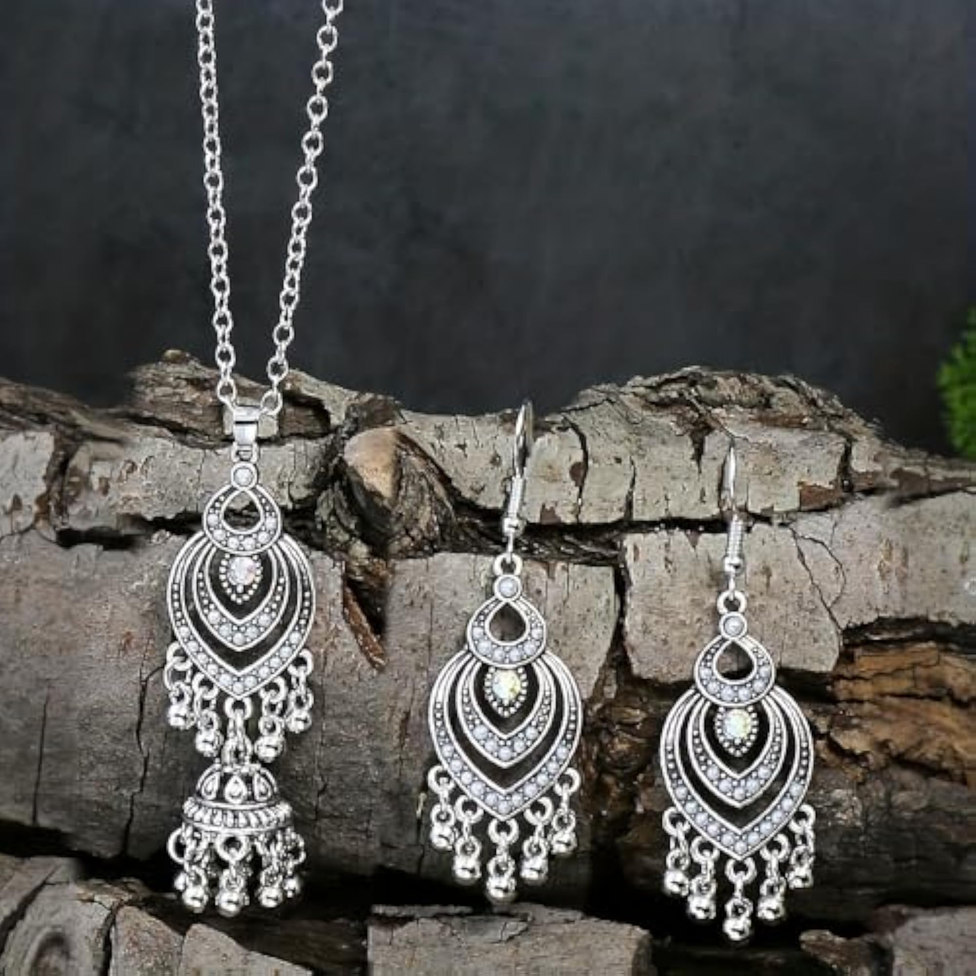 Bohemian Oxidized Pendant Necklace & Earrings Set