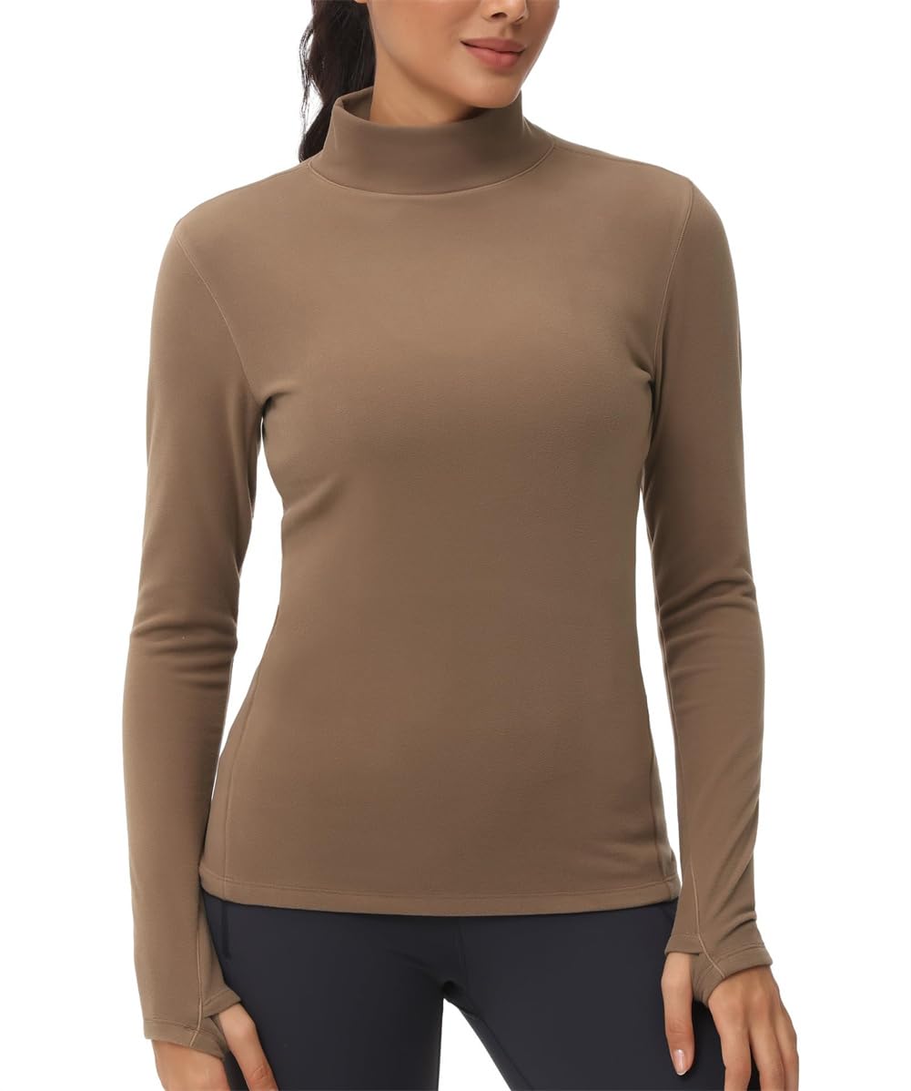 Camicie termiche da donna a maniche lunghe con collo alto, in pile, a maniche lunghe, girocollo, Marrone, M