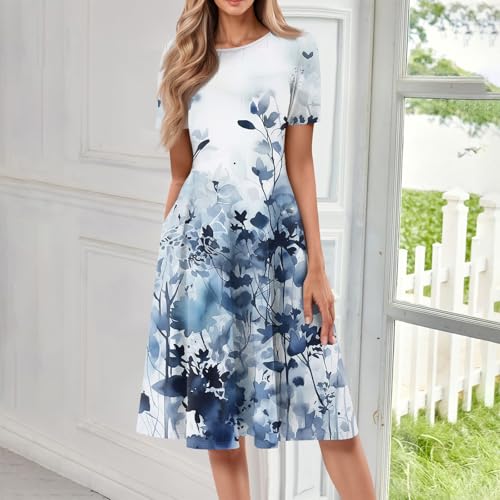 FlekmanArt Women's Flowy Midi Floral Short Sleeve Dress with Pockets
