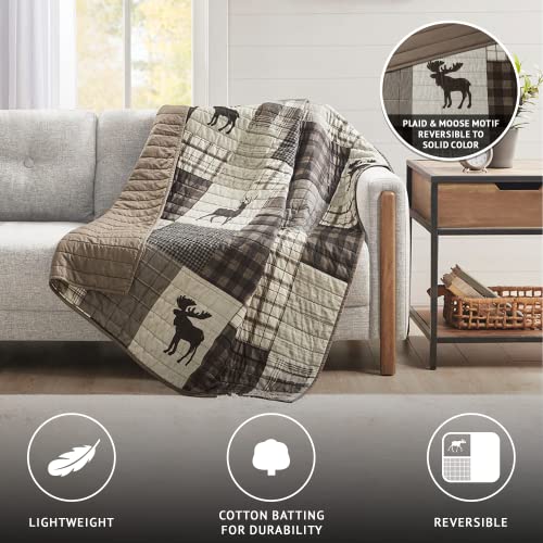 Woolrich Luxury Quilted Throw - Cabin Lifestyle, Patchwork With Moose Design All Season, Lightweight And Breathable Cozy Bedding Layer Throws For Couch Sofa, 50" W X 70" L, Woodshed Brown #TOP2