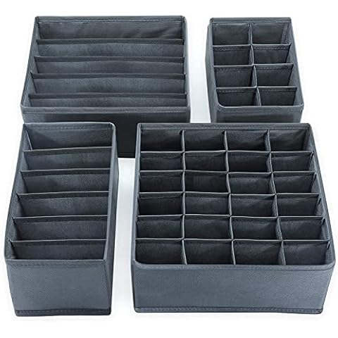 NIFTII Dresser Drawer Organiser Fabric Storage Box in Grey - 4 Pieces Clothes Drawer Organisers Divider | Foldable Wardrobe Storage Organiser | Underwear Cubes Organiser for Bras, Socks, Ties, Toys Cover