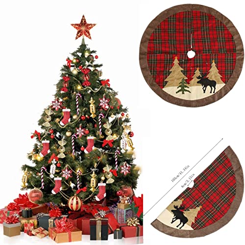 Christmas Tree Skirt,41 Inches Red And Black Buffalo Check Plaid Tree Skirt With Elk Christmas Elements,Xmas Tree Skirt For Grinch Christmas Decorations Bedroom Party Farmhouse Decor #TOP7