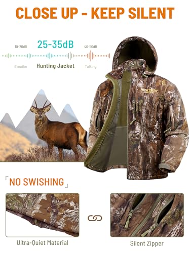Image of NEW VIEW Camo Hunting Jackets for Men, Warm Fleece Lined Hunting Jacket with Hood, Quiet Water Resistant Hunting Clothes