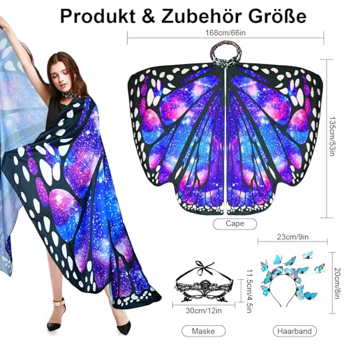 Schmetterling Kostüm Damen Flügel Schmetterlingsflügel Erwachsene Mädchen Faschingskostüme Damen Umhang Verkleidung Schmetterlings Kostüm Zubehör 3 Set mit Schmetterling Haarreif Gesichtsmaske