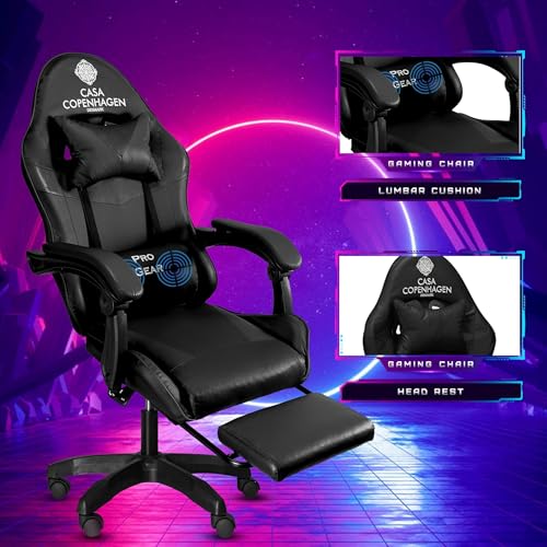 Image of Casa Copenhagen Designed in Denmark,High-Back Italian Leather Gaming Ergonomic Chair with Advanced Mechanism & Electric Back Massager, Memory Foam Seating & Multi Function Arm-Rest - Black & Black