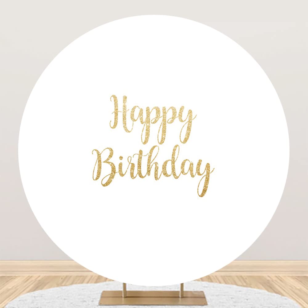Leyiyi 7.5x7.5ft Gold Happy Birthday Round Backdrop Pure White Circle Backdrop Cover Polyester Solid Birthday Background for Photography Kids Adults