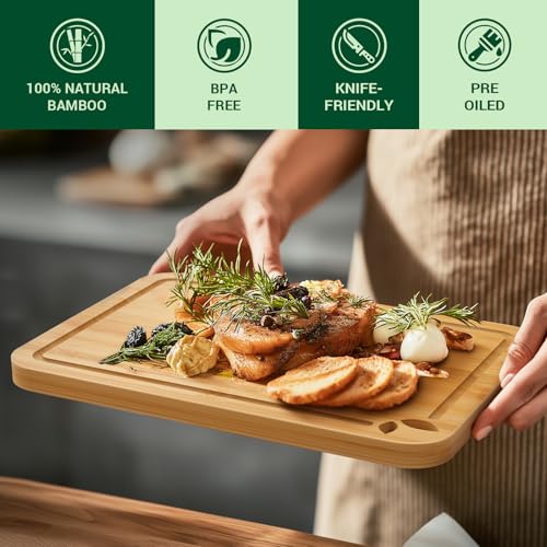 Juego de tablas para cortar de bambú con soporte y ranura para jugos miniatura 4