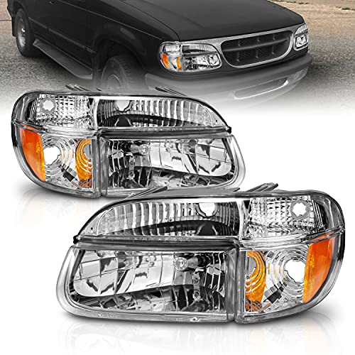 AmeriLite Chrome Replacement Headlights Lamp w/Corner Parking Turn Signal for 1995-2001 Ford Explorer Passenger Right and Driver Left Side