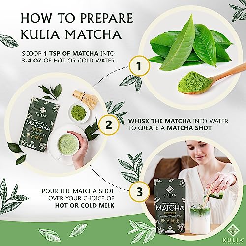 Kulia Organic Matcha Powder (100g) - Culinary Grade Matcha Green Tea Powder - Authentic Japanese Organic Matcha Green Tea Powder - Matcha Powder with Recipe E-Book and Bamboo Straws - Zero Sugar, Vegan & Low Calories Kulia Organic Matcha Powder (100g) - Culinary Grade Matcha Green Tea Powder - Authentic Japanese Organic Matcha Green Tea Powder - Matcha Powder with Recipe E-Book and Bamboo Straws - Zero Sugar, Vegan & Low Calories