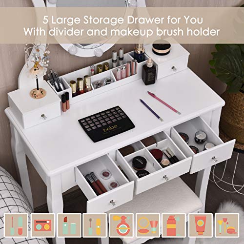 CHARMAID Vanity Table Set with Lighted Mirror, Makeup Dressing Table with 10 LED Lights, Touch Switch, 5 Drawers, Removable Organizer, 10 Dimmable Lights Makeup Table and Cushioned Stool Set (White)