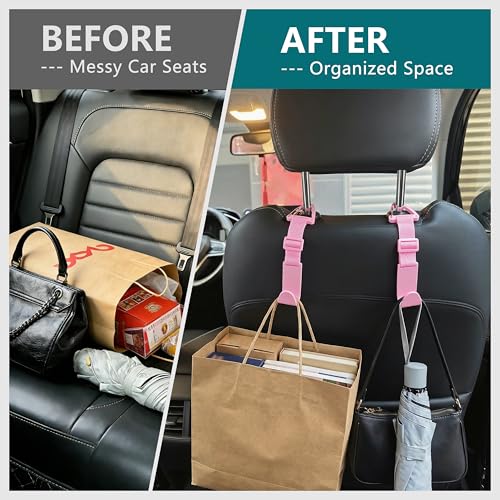 Image of Amooca 4 Pack Anti-drop Headrest Hooks Adjustable Car Seat Organizer | Universal Fit with Clip, Hanger for Backpack Umbrella Water Bottle Coat Purses Handbags Groceries, 40lb Heavy Duty, Pink