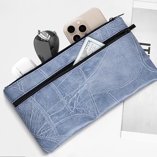 HAUTOCO 2 Stück Geldtaschen Banktasche PU-Leder Texturiert Bankmappe mit Reißverschluss 28 x 15.5 cm A5 Dokumente Zwei Taschen Geldmappe für Business Haushalt Schule, Hellblau