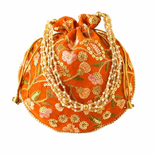 Image of Handcrafted Potli Purse with Golden Floral Embroidery and Pearl Accents