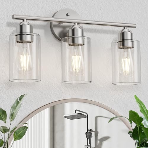 Image of Bathroom Vanity Light Fixtures Brushed Nickel, 3 Lights Bathroom Over Mirror, UL Certified, Modern Wall Lighting Fixtures with Glass Shade, E26 Socket