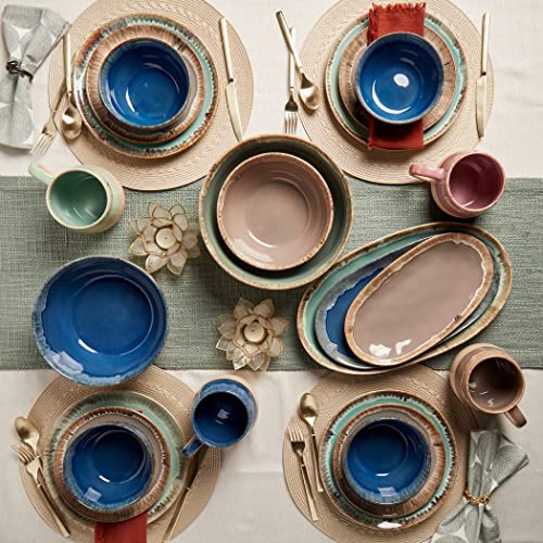 Tabletops Gallery Tuscan Reactive Glaze Stoneware- Dining Entertainment Plate Bowl Ceramic, 12 Piece Tuscan Dinnerware Set (Blue, Green, And Brown) #TOP4