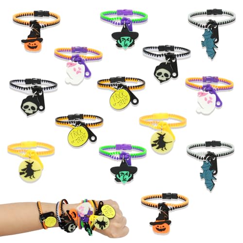 Capaneus 14 Stück Halloween Reißverschluss Armbänder Halloween Kinder Freundschaftsarmbänder Zappeln Armbänder mit Geister Kürbis Hexe Anhänger Party Mitgebsel